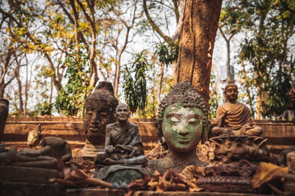 Buddhist statues together among some trees